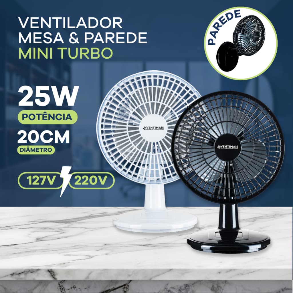 Ventilador Mini Turbo 20cm 2 em 1 Mesa/Parede Portátil 3 Pás 110/220V Branco Preto Escritório Maeto