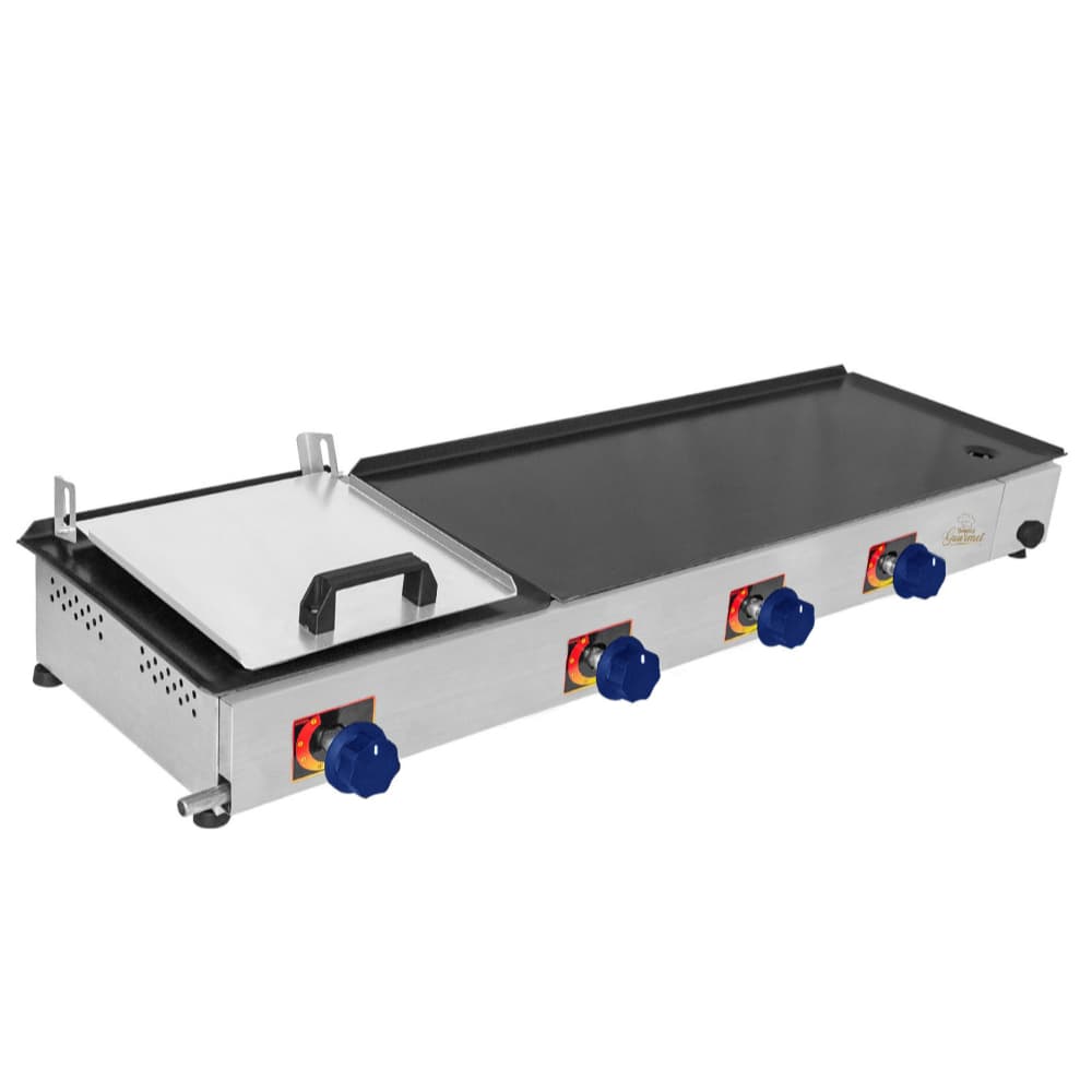 Chapa de lanche industrial 97x30cm com 4 queimadores a gás, superfície em aço inoxidável, controles azuis