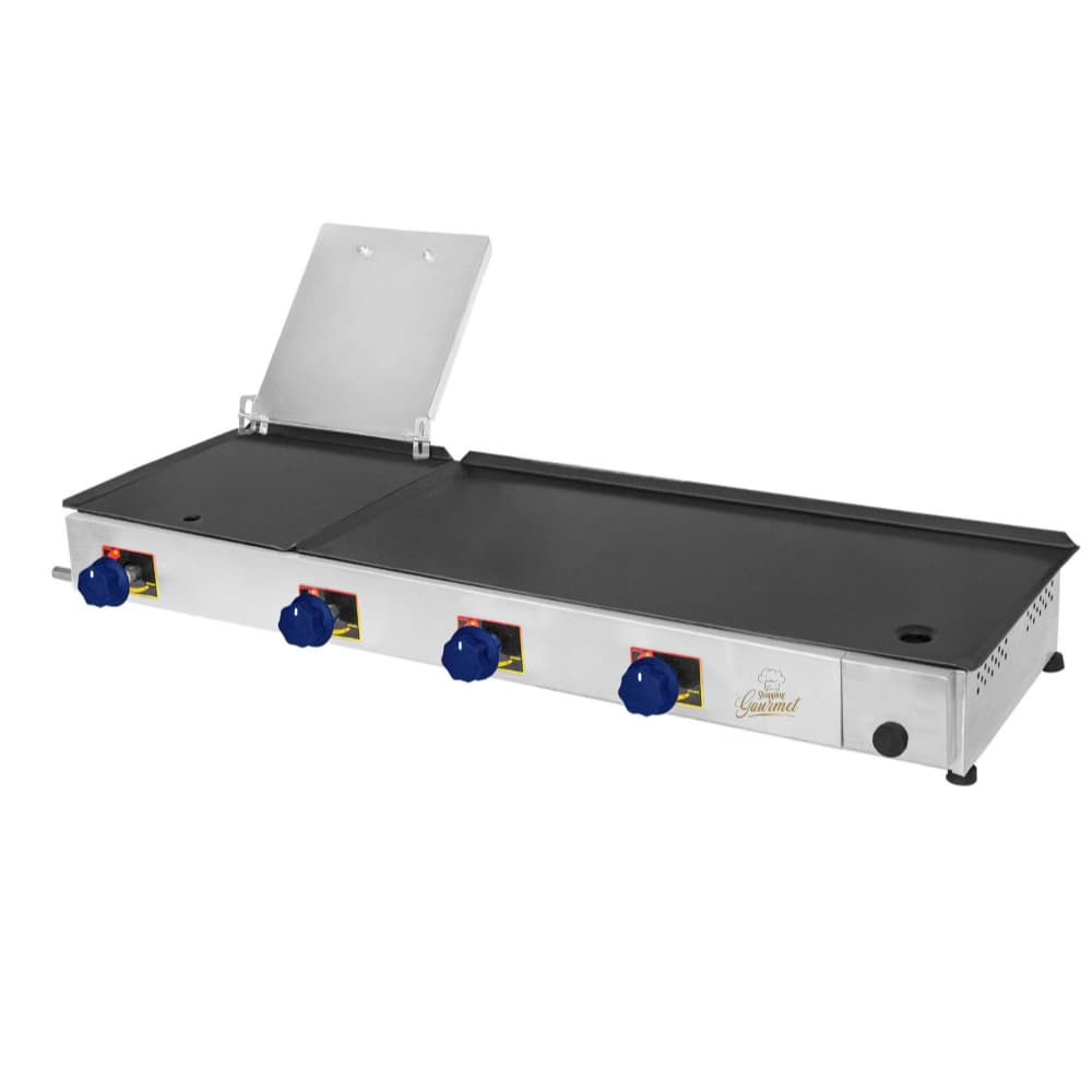 Chapa de lanche industrial com 4 queimadores a gás, 97x30cm, fundo branco
