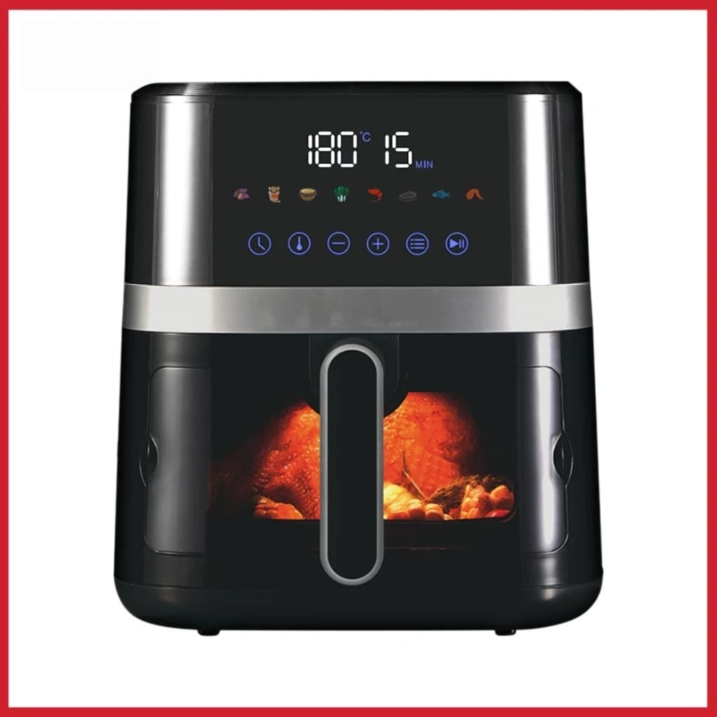 Fritadeira elétrica Gaabor Air Fryer 5.5L com tela touch colorida e display numérico, mostrando frango sendo frito.