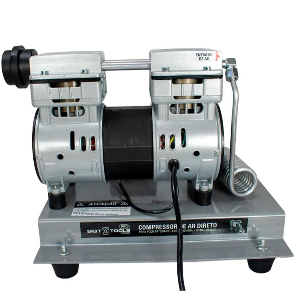 Compressor de ar direto 1,3 HP para poço artesiano isento de óleo, cinza e preto, em fundo branco