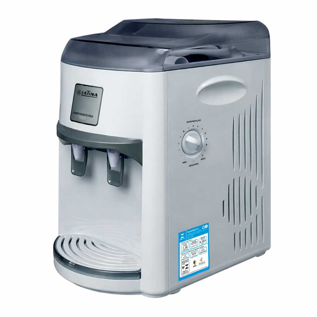 Purificador de Água Latina PA355 – Gelada com Compressor, cinza e branco, contra fundo branco, frontal.