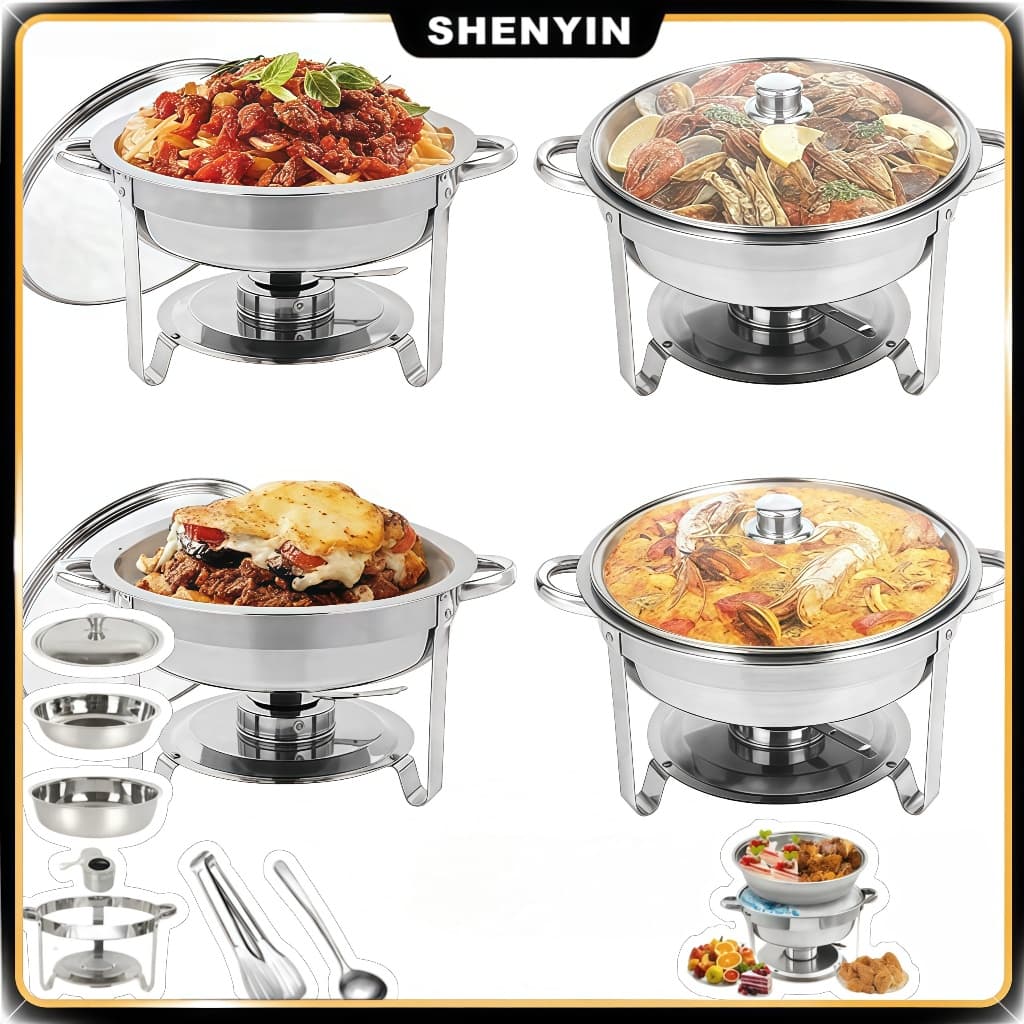 Rechaud Inox 8L Redondo p/ Buffet | C/ Tampa de Vidro | Mantém Comida Quente | Ideal para Festas e Churrascos