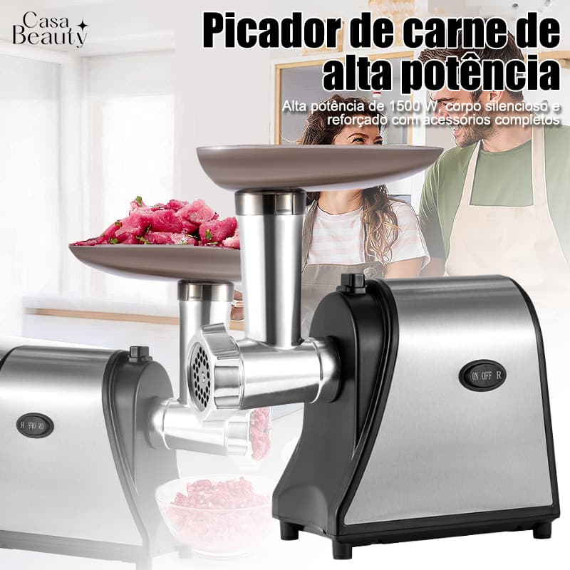 Moedor de carne elétrico 1500W aço inox 110/220V com funil e discos de corte - CASA BEAUTY