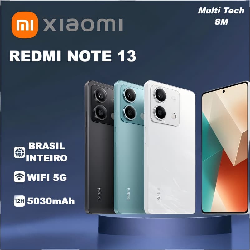 Smartphone Xiaomi Redmi Note 13 5G, 8GB RAM, 128GB ROM, câmera 108MP, bateria 5030mAh, tela 90Hz, disponível em preto, turquesa e branco.