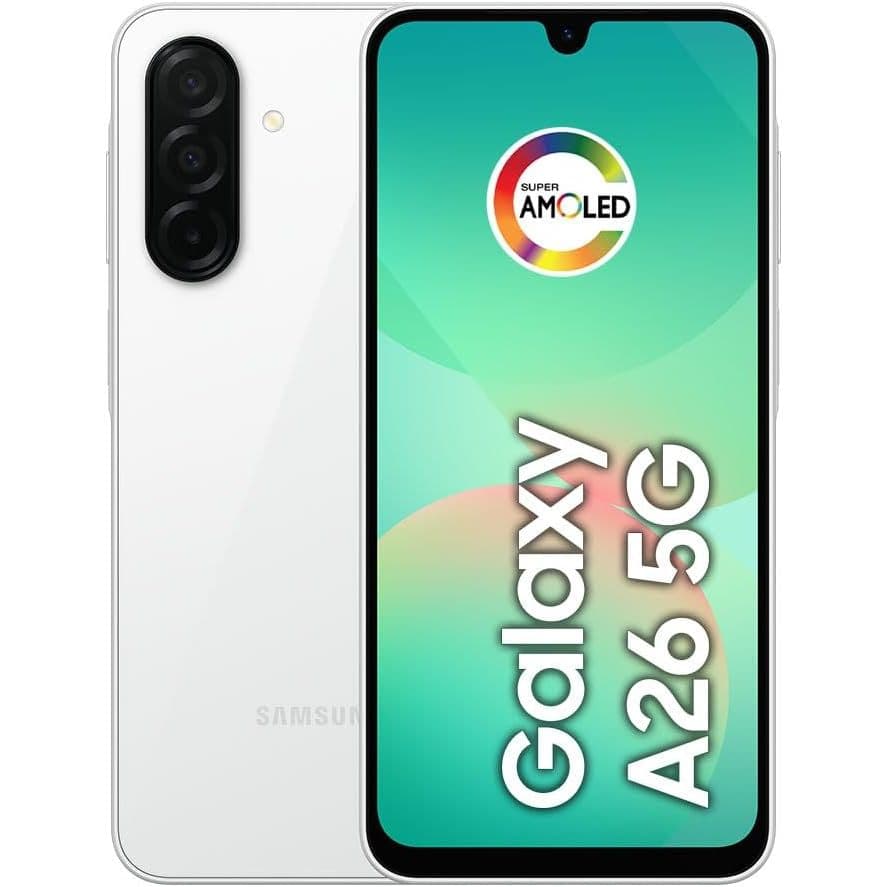 Celular Samsung Galaxy A26 5G 256GB, frente e verso, com tela AMOLED e câmera tripla.