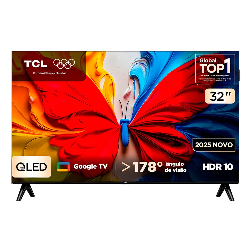 Smart TV 32'' TCL QLED, tela plana, exibindo borboleta colorida, logotipo dos Jogos Olímpicos, Global TOP 1, 32 polegadas