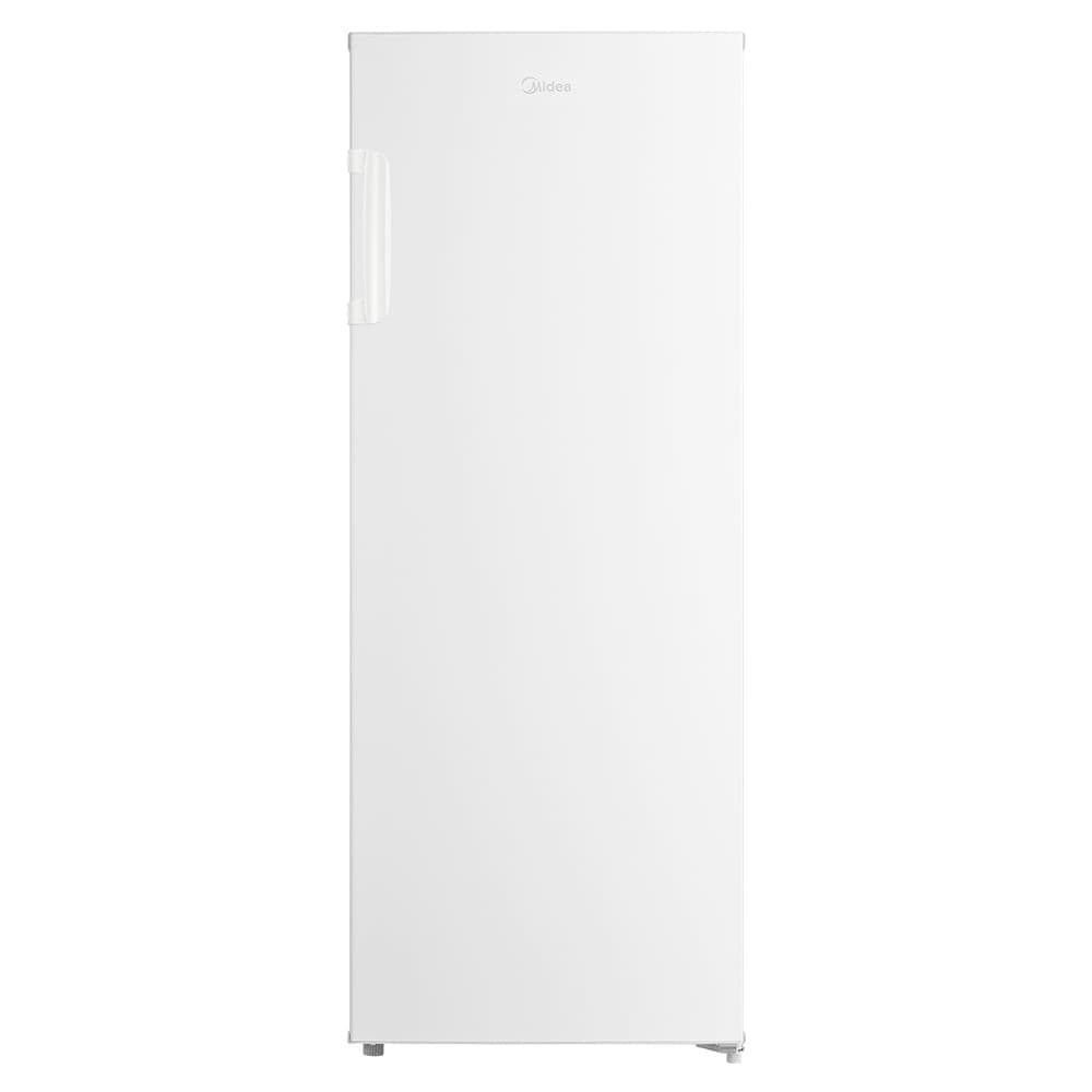 Freezer vertical branco Midea com uma porta, 196 litros, ângulo frontal, fundo branco