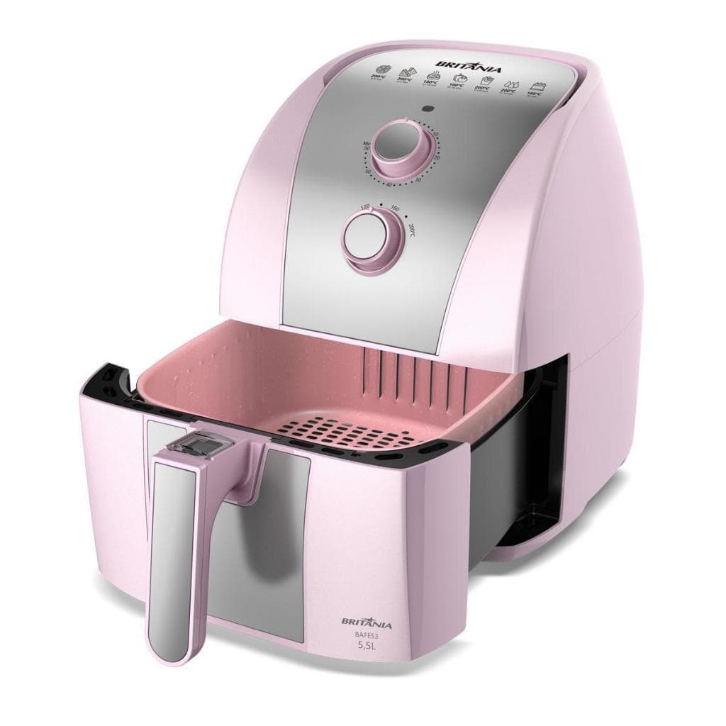 Fritadeira de ar rosa Britânia 5,5L com cesto pinkstone, 1500W, controle de temperatura