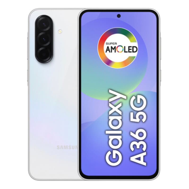 Samsung Galaxy A36 5G 128GB, smartphone com tela AMOLED, três câmeras na parte traseira, cor branca.