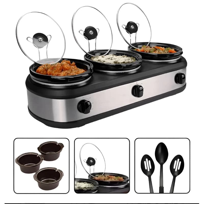Triplo buffet elétrico 2,4L em aço inox com três compartimentos e acessórios