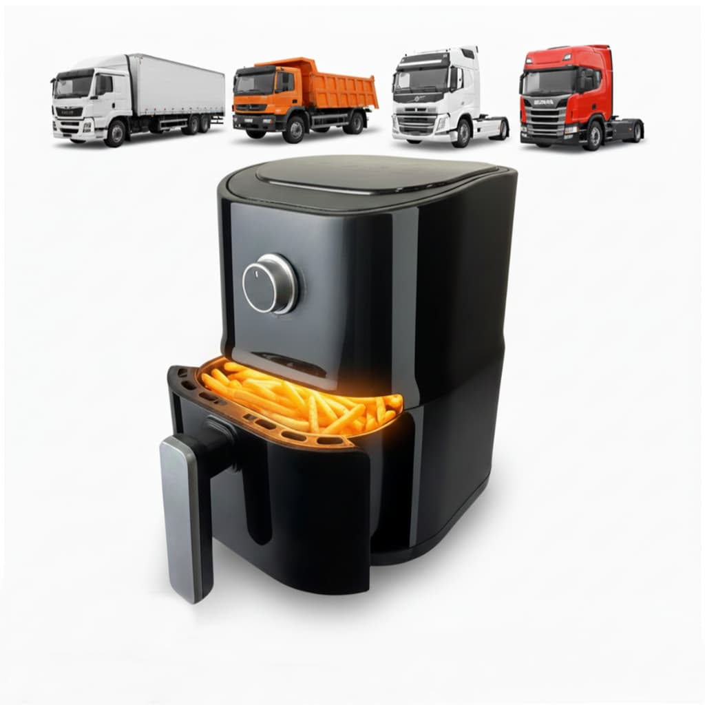 Panela Elétrica Air Fryer Preta 24V 3 Litros para Motorhome - Imagem com Caminhões