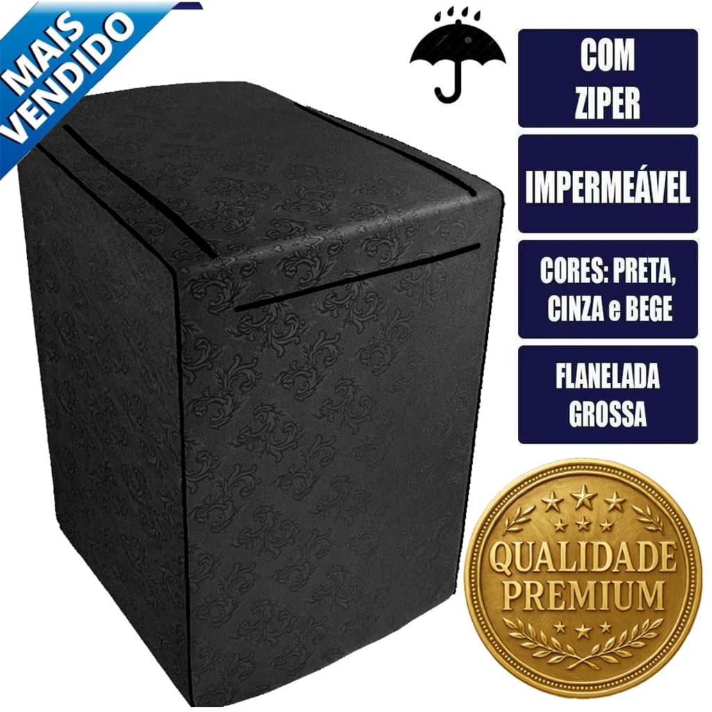 Capa preta impermeável para máquina de lavar Brastemp com zíper, estampa floral e qualidade premium