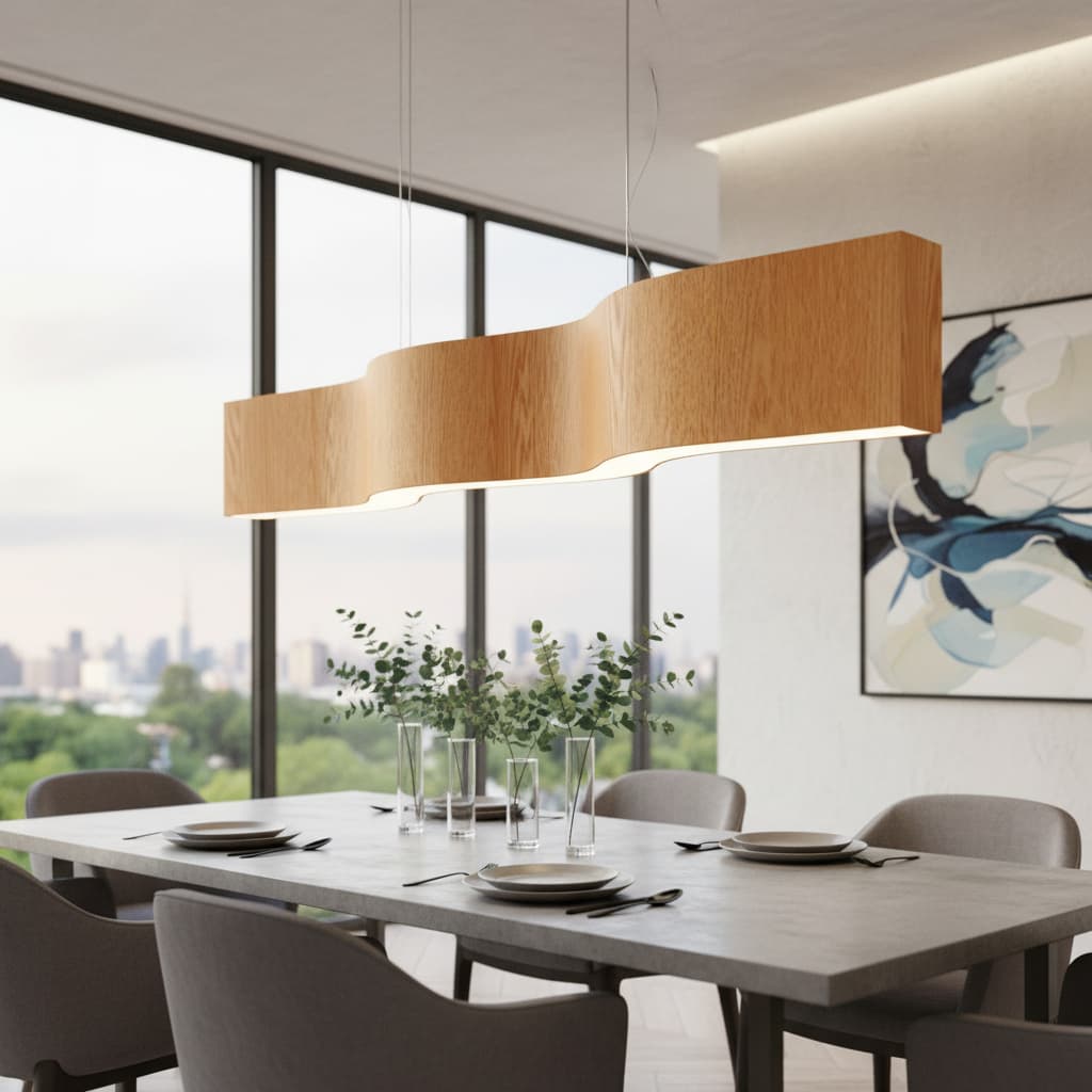 Luminária pendente de madeira natural sinuosa de 98cm, design minimalista, sala de jantar
