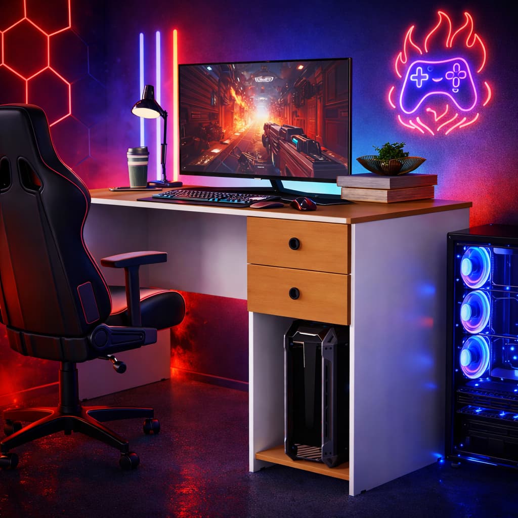 Escrivaninha gamer com monitor, teclado e cadeira, iluminação LED vermelho e azul