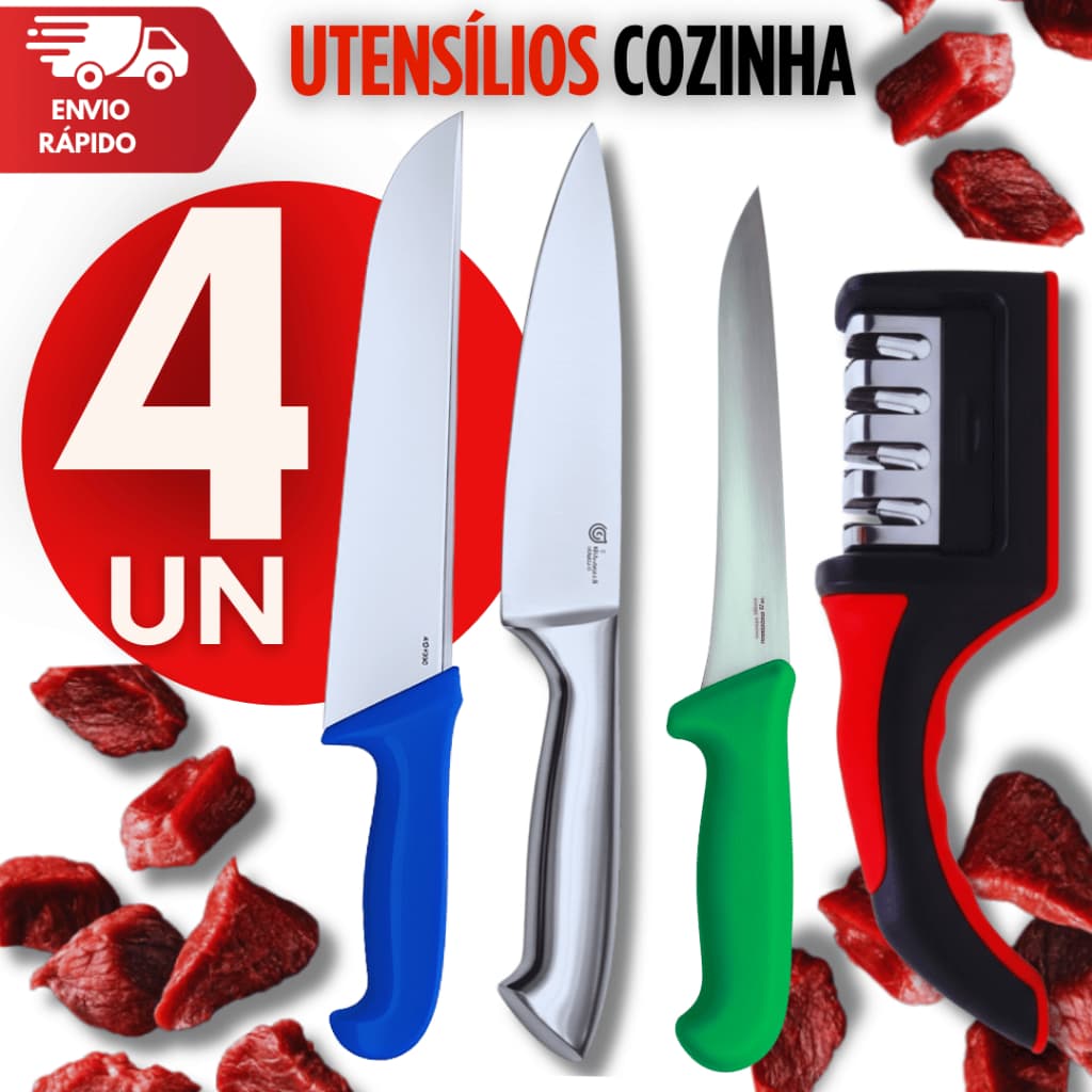 Kit de facas com afiador de 4 unidades, facas com cabos coloridos e afiador preto e vermelho, fundo branco com texto.