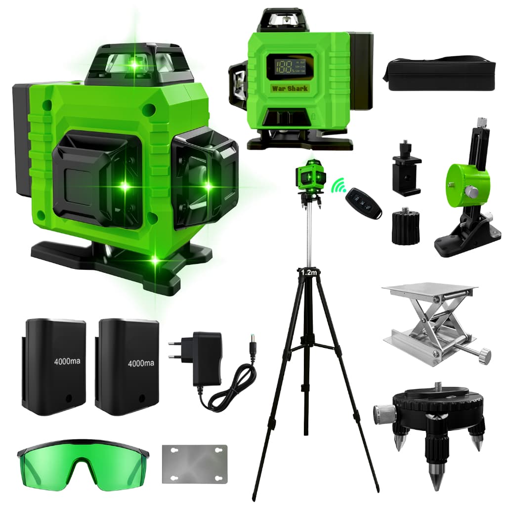 War Shark Nível Laser 16 Linhas Profissional  Verde Nível 360° Auto-Nivelante 4D + Tripé 1.2m + 40m + 4000mAh Baterias*2