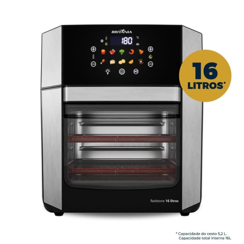 Fritadeira de ar quente Britânia 16L com porta removível, aço inoxidável e preto