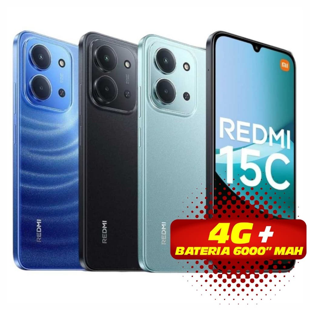 Smartphone Xiaomi Redmi 15C em azul, preto e ciano com câmera quadrupla e bateria de 6000mAh
