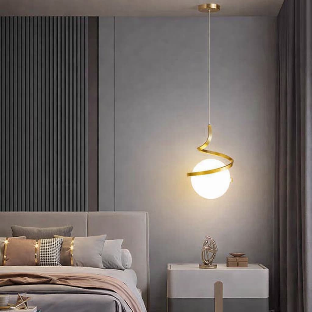 Luminária pendente globo espiral dourada moderna para quarto e sala