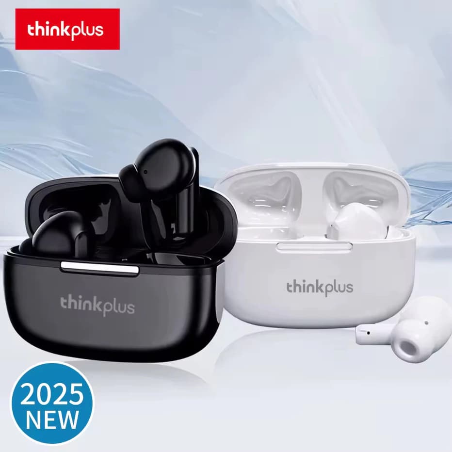 Fones de ouvido Bluetooth Thinkplus em caixa preta e branca, novo modelo 2025.
