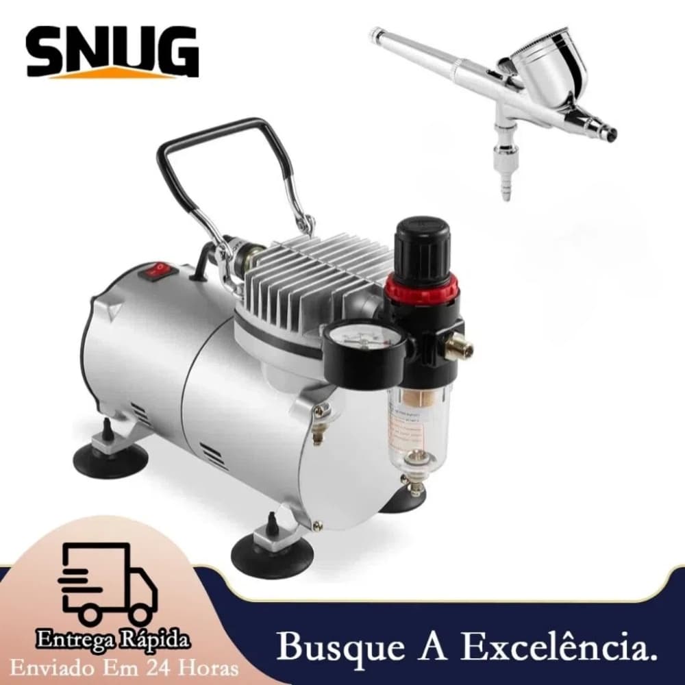Compressor de ar SNUG para aerógrafos com kit de limpeza, bivolt, alumínio, bico metálico, filtro transparente, manômetro, entrega rápida