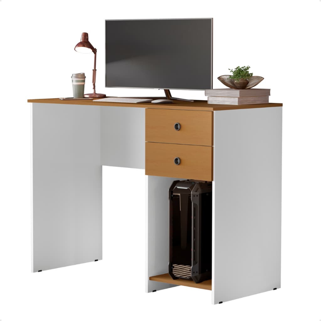 Mesa escrivaninha gamer branca com suporte para CPU, laptop e monitor, fundo branco