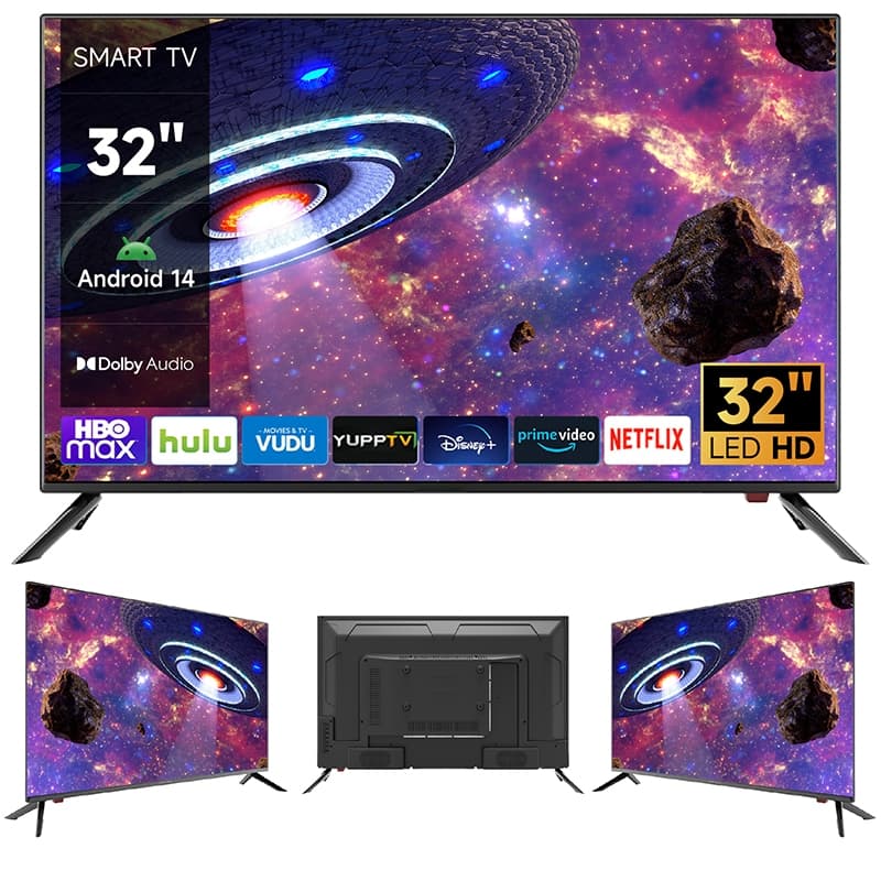 Smart TV 32 polegadas LED HD Android 14 com ícones de streaming e Dolby Audio