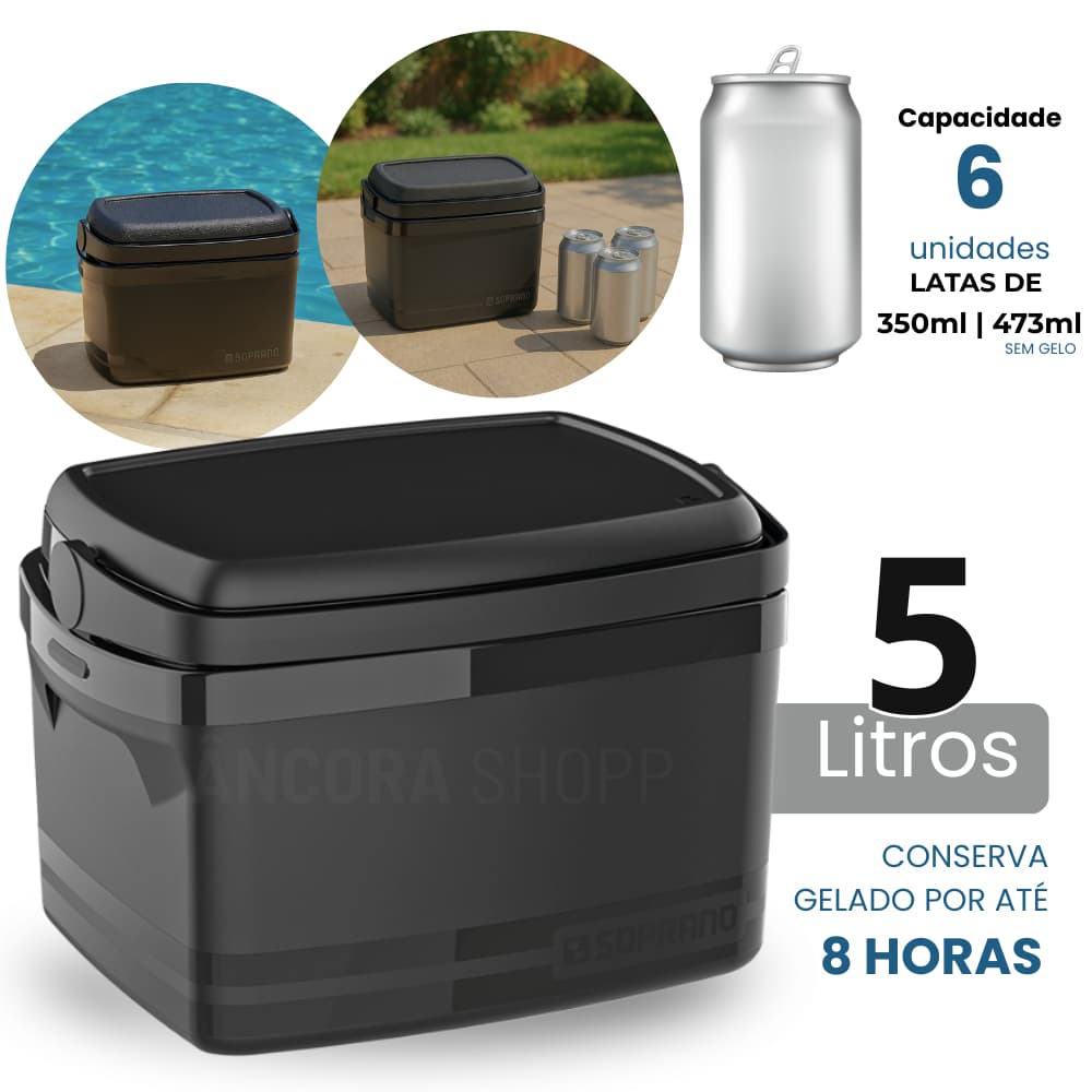 Caixa Térmica  Porta Latas e Garrafa 5 Litros com Alça Soprano Cooler Térmico Preto
