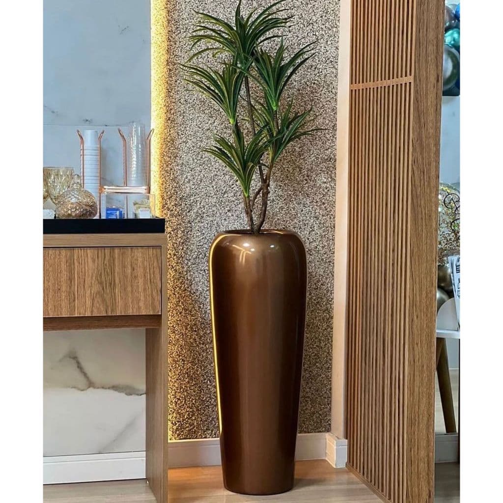 Vaso de fibra de vidro estilo vietnamita marrom com planta verde, 95 cm de altura