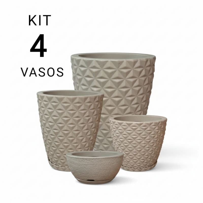 Kit com 4 vasos decorativos para plantas em cinza com padrão geométrico