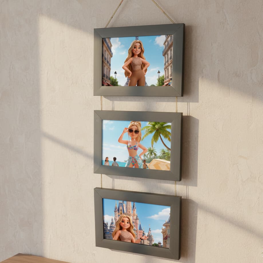 Três porta-retratos suspensos com fotos de Barbie em diferentes cenários