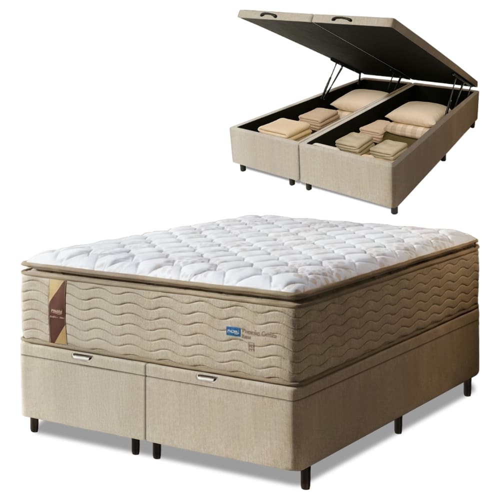 Cama box baú com colchão queen size Probel, cor bege e branco, com compartimentos de armazenamento e etiqueta.