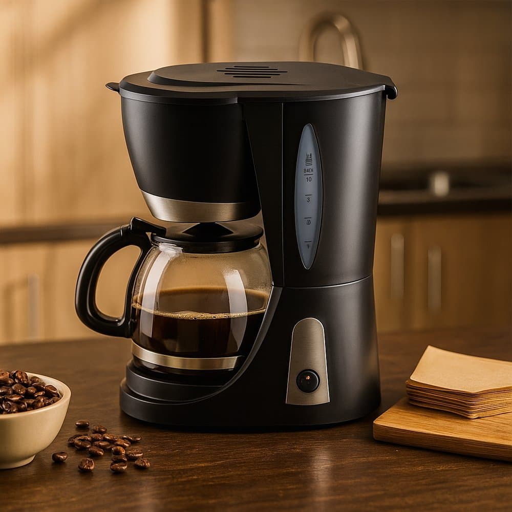 Cafeteira elétrica preta com capacidade para 30 xícaras, filtro automático e recipiente de vidro, em uma mesa de madeira com grãos de café e filtro de papel.