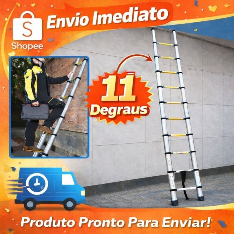 Escada telescópica de alumínio com 11 degraus, extensiva até 3,20m, para compra imediata