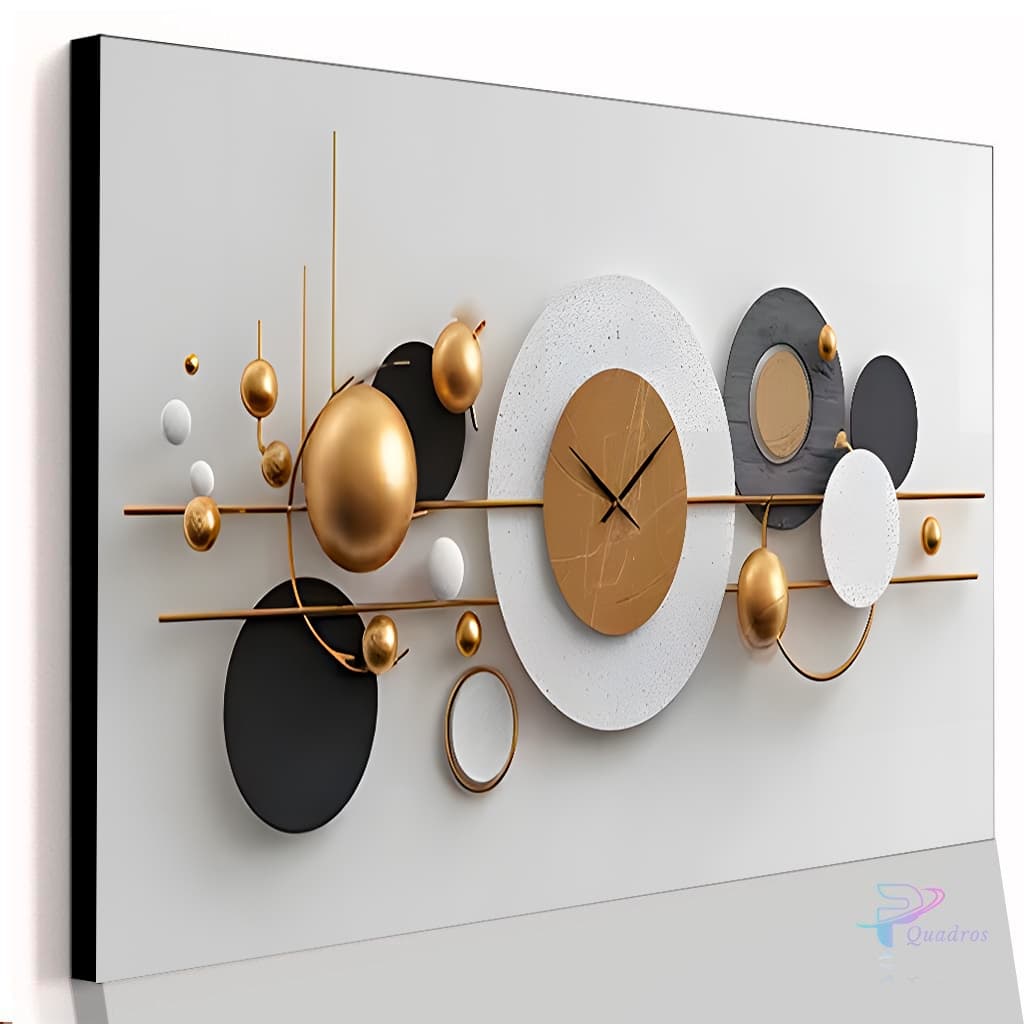 Quadro Decorativo Abstrato Circulares Dourado e Branco Relógio Casa Sala Quarto Parede Decoração
