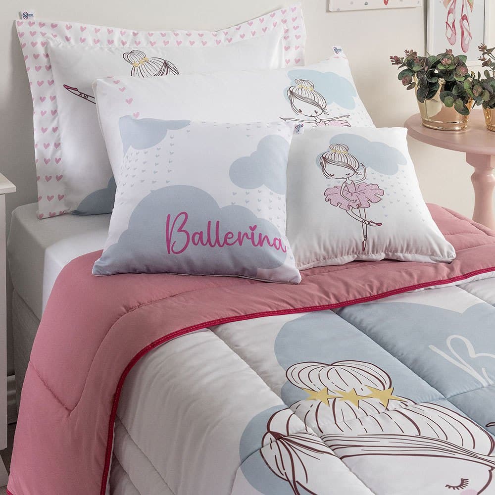 Kit 5 Pçs Edredom Solteiro Infantil Bailarina Rosa com Estampa de Bailarina
