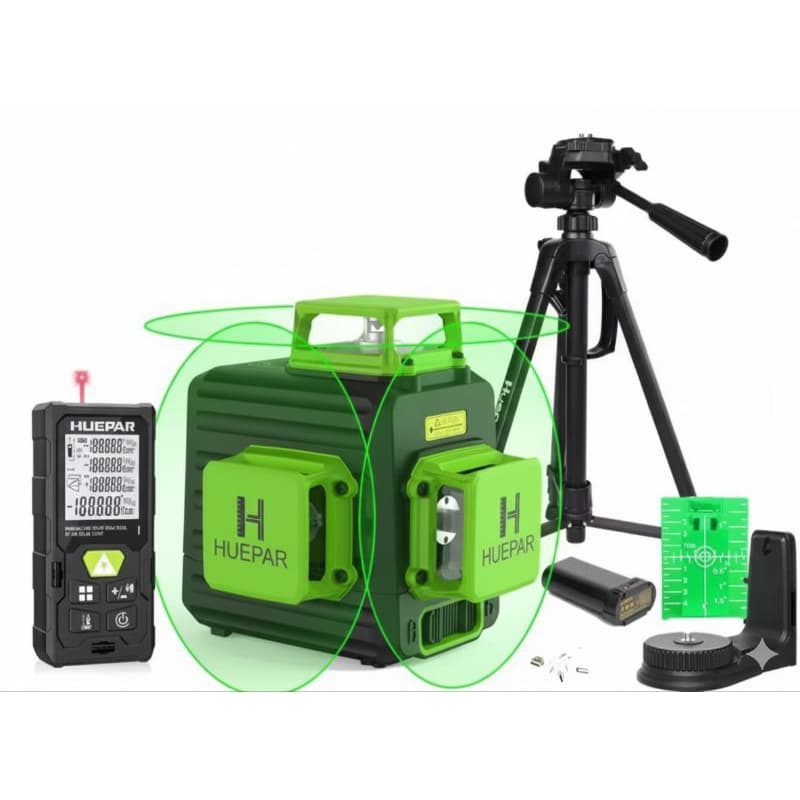 Nível a laser 12 linhas verde HUEPAR com tripé e trena laser, acessórios e fundo branco
