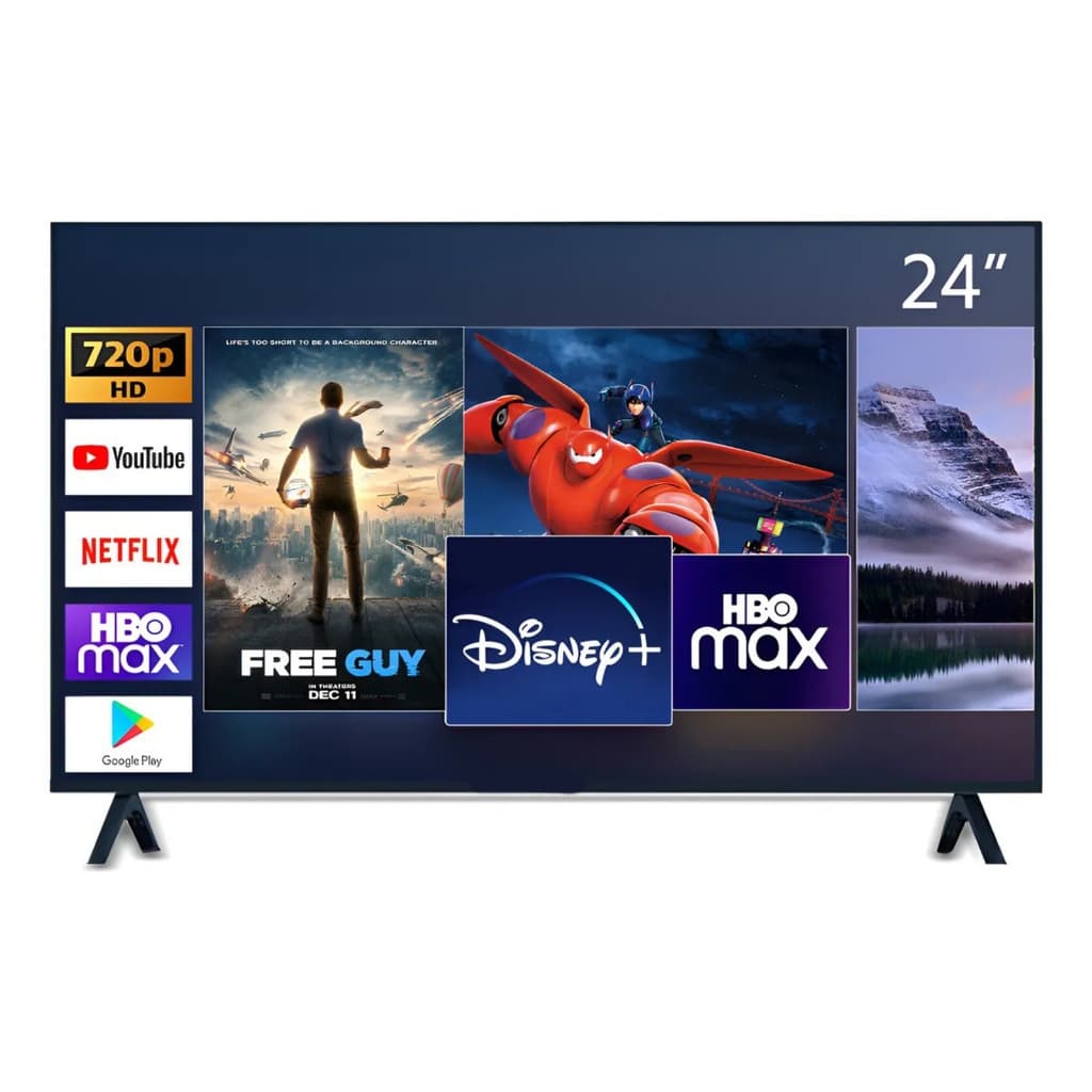 Smart TV LED HD 24 polegadas com aplicativos de streaming exibidos