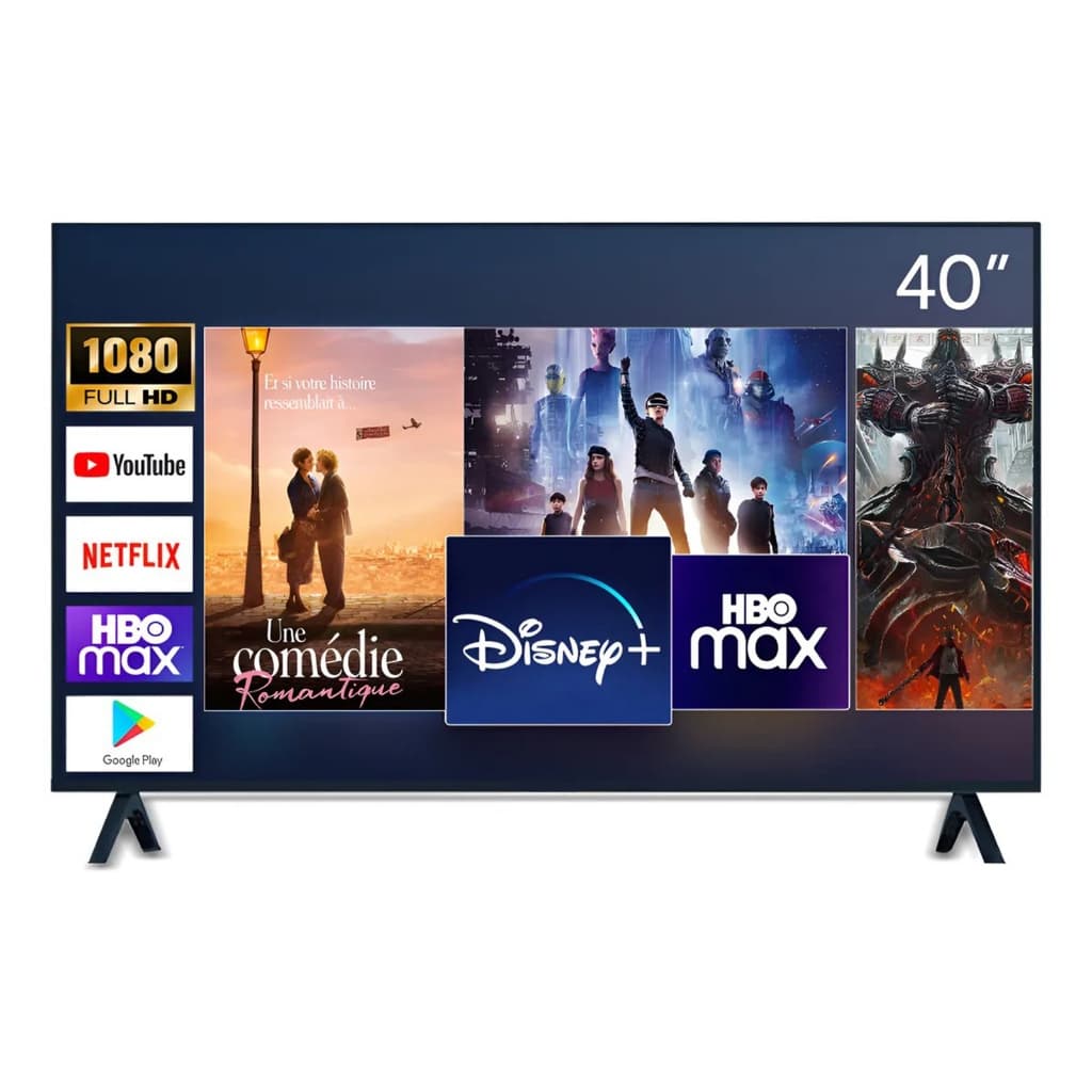 Smart TV 40 polegadas Full HD com ícones de YouTube, Netflix, Disney+, HBO Max e Google Play