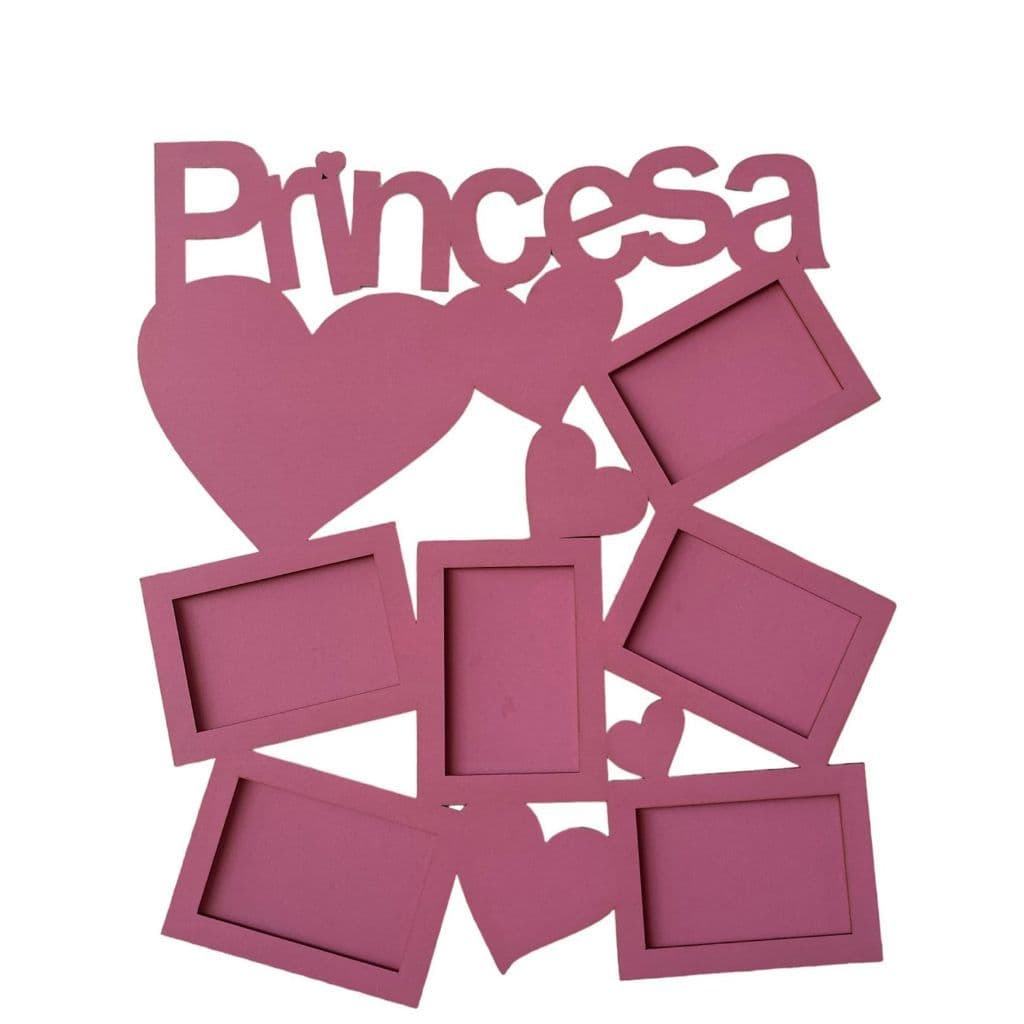 Porta retrato princesa em MDF cor rosa com 6 molduras para fotos