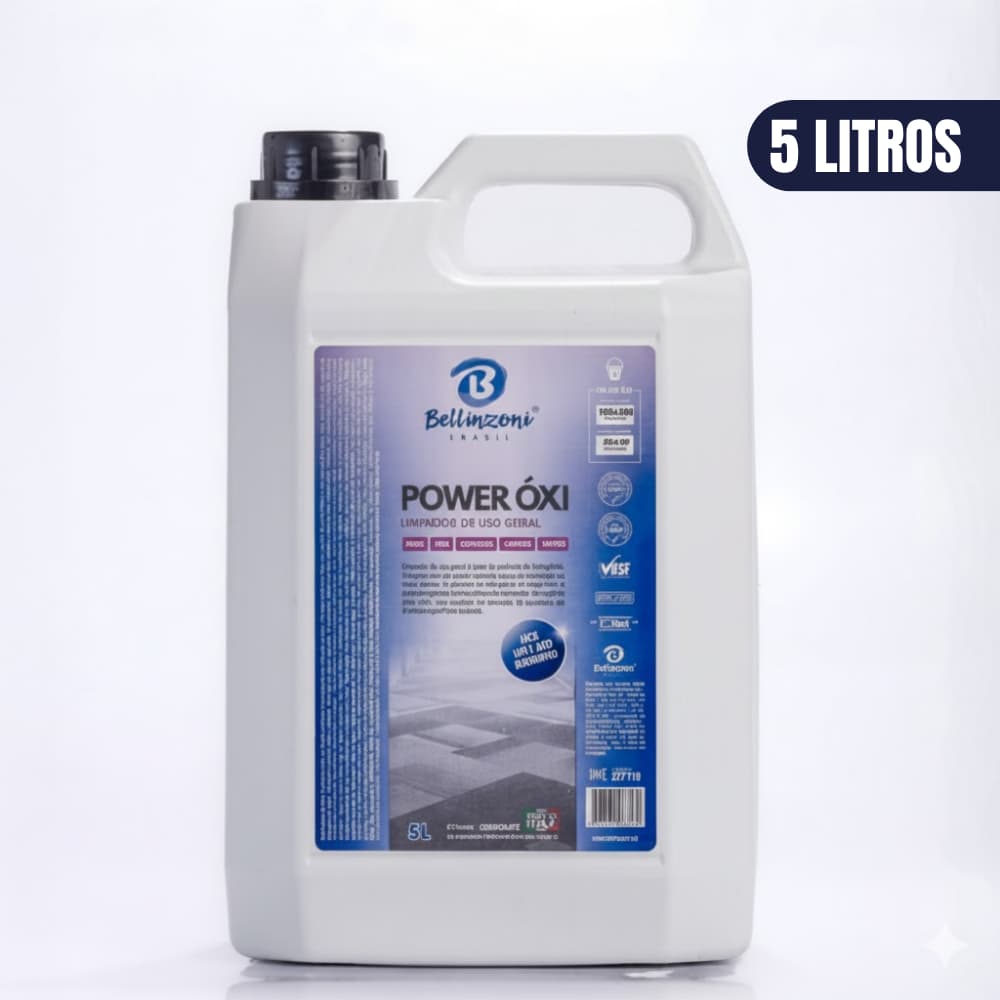 Limpador Bellinzoni Power Oxi 5L Ativo Remoção Manchas Tecidos Sofá Roupa Tapete Piso Vinil Estofado Carpete Uso Geral