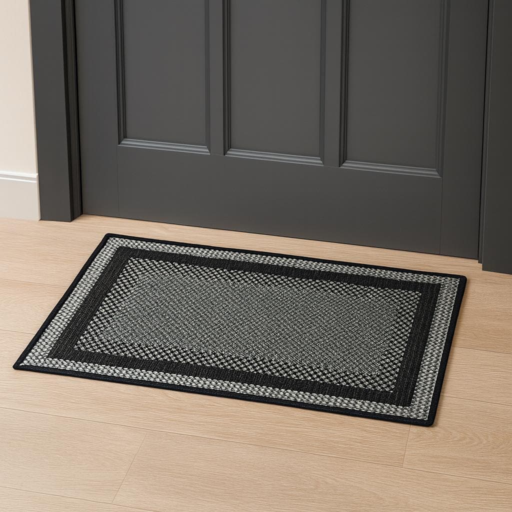 Tapete de sisal preto e cinza com bordas pretas, 50cm x 80cm, antiderrapante, para limpeza