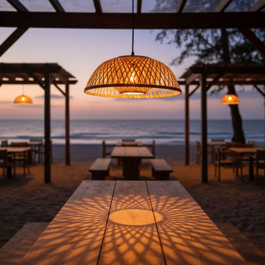 Luminária de teto pendente com cúpula de rattan em restaurante à beira-mar
