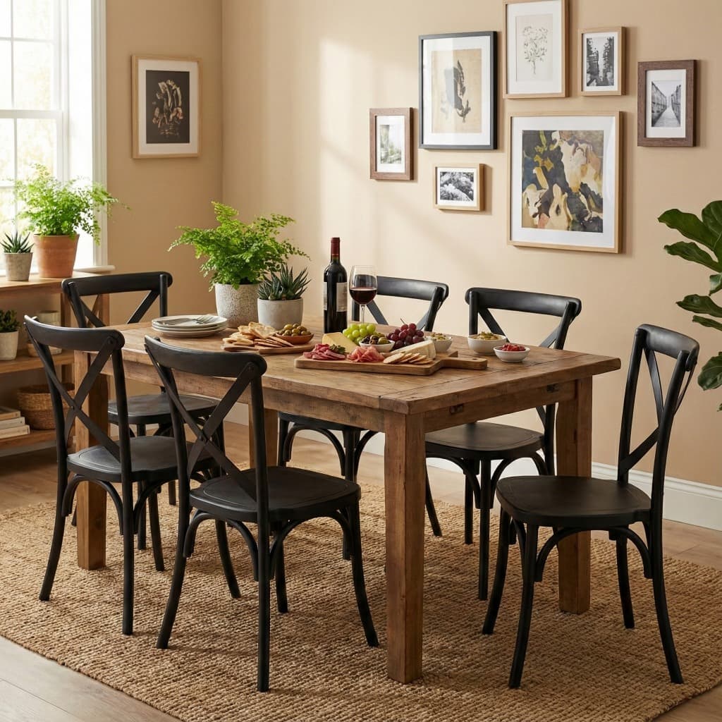 Kit 6 cadeiras pretas estilo X para mesa de jantar com detalhes de madeira e decoração de parede.