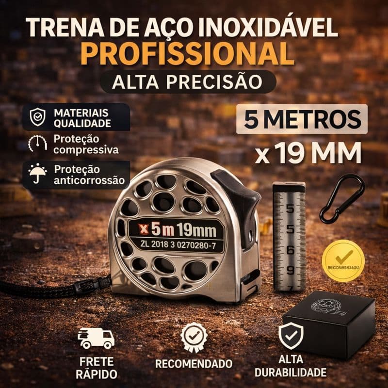Trena de medição profissional 5m x 19mm em aço inoxidável com régua e gancho