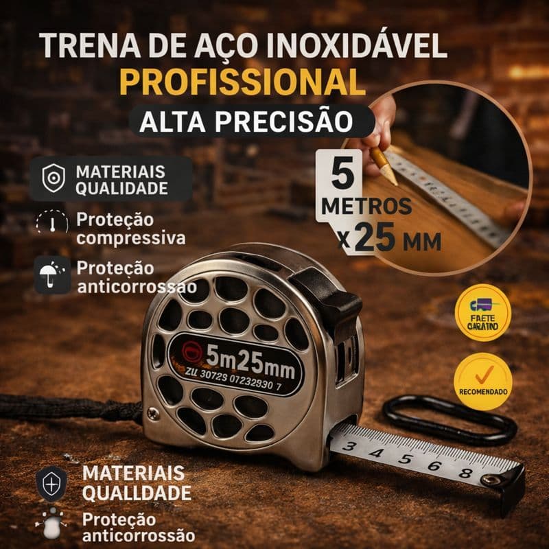 Trena de Aço Inox Profissional 5m x 25mm, Fita Métrica Retrátil, Construção, Precisão
