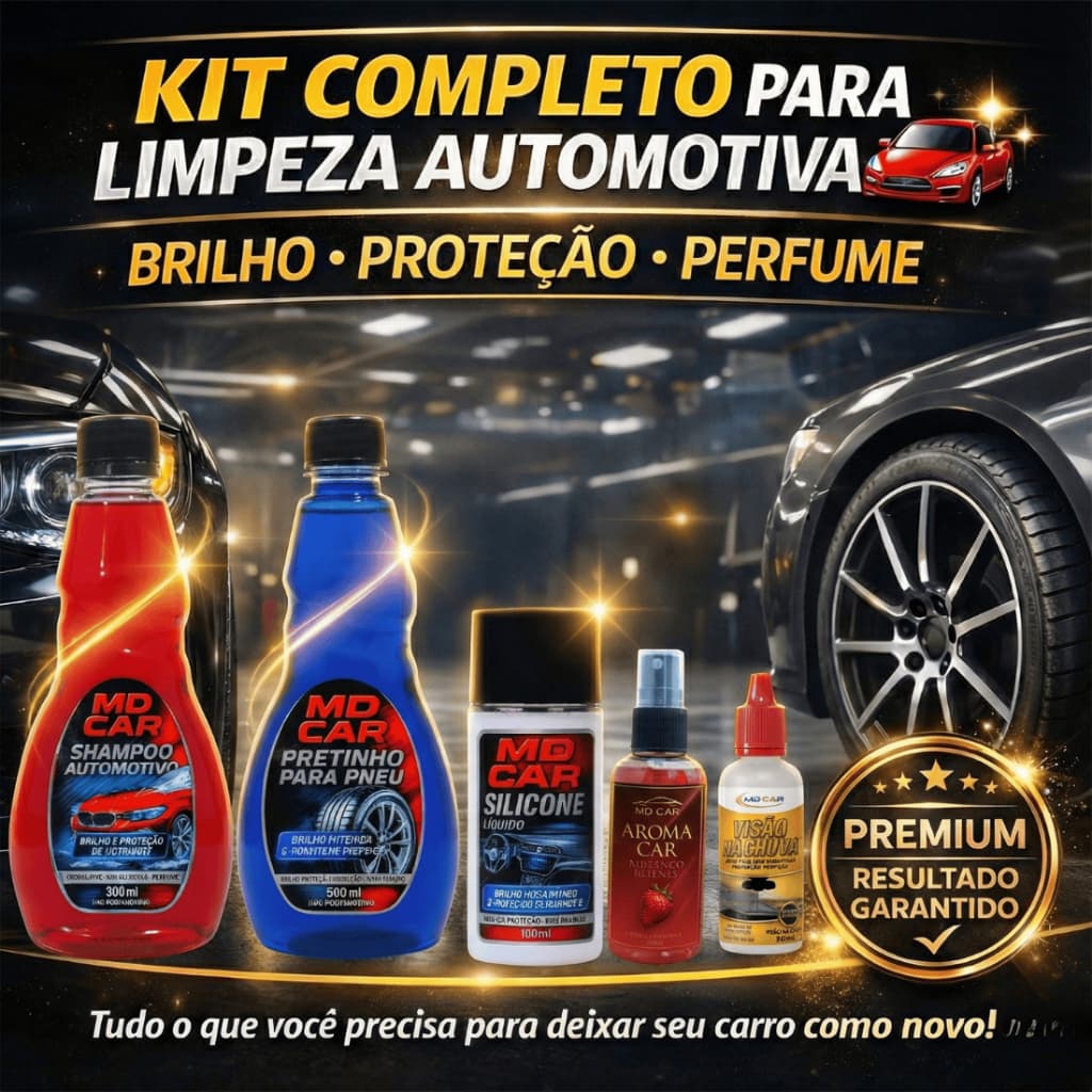 Kit limpeza automotiva com shampoo, pretinho para pneus e silicone