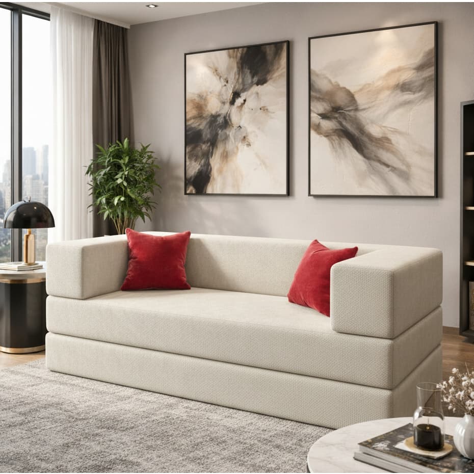 Sofá-cama branco com travesseiros vermelhos em sala de estar moderna