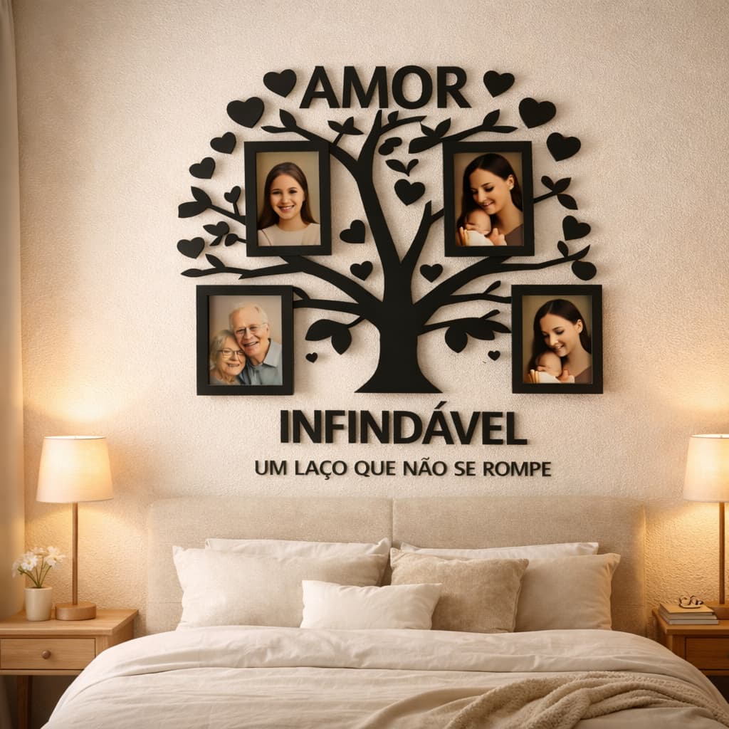 Porta-retrato de parede árvore genealógica em MDF com fotos e texto decorativo